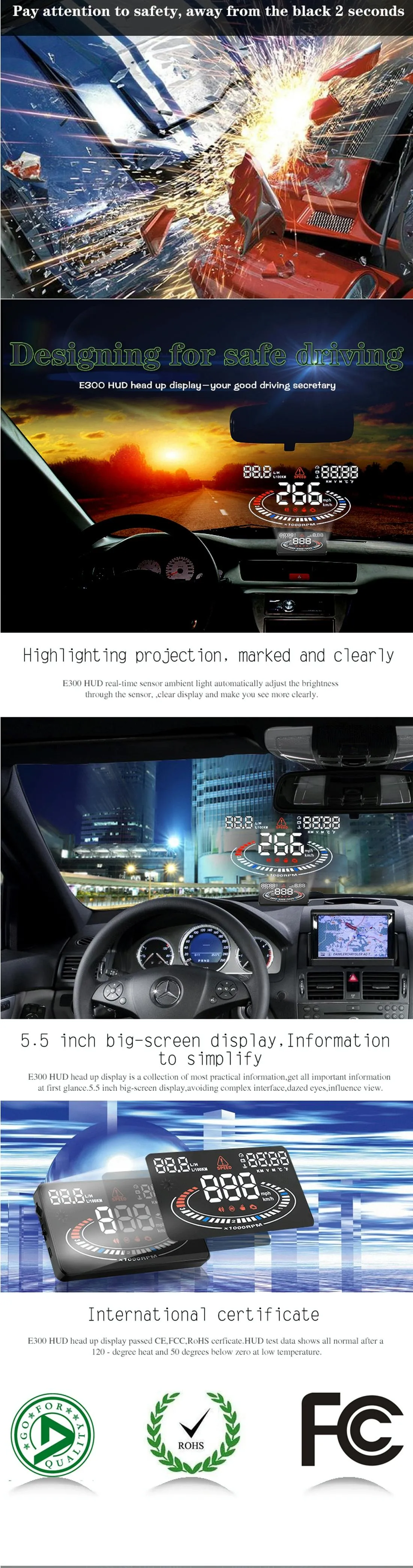 5.5 Inch Car Obdii / Euobd Hud Display Speed Fuel Alarm Black