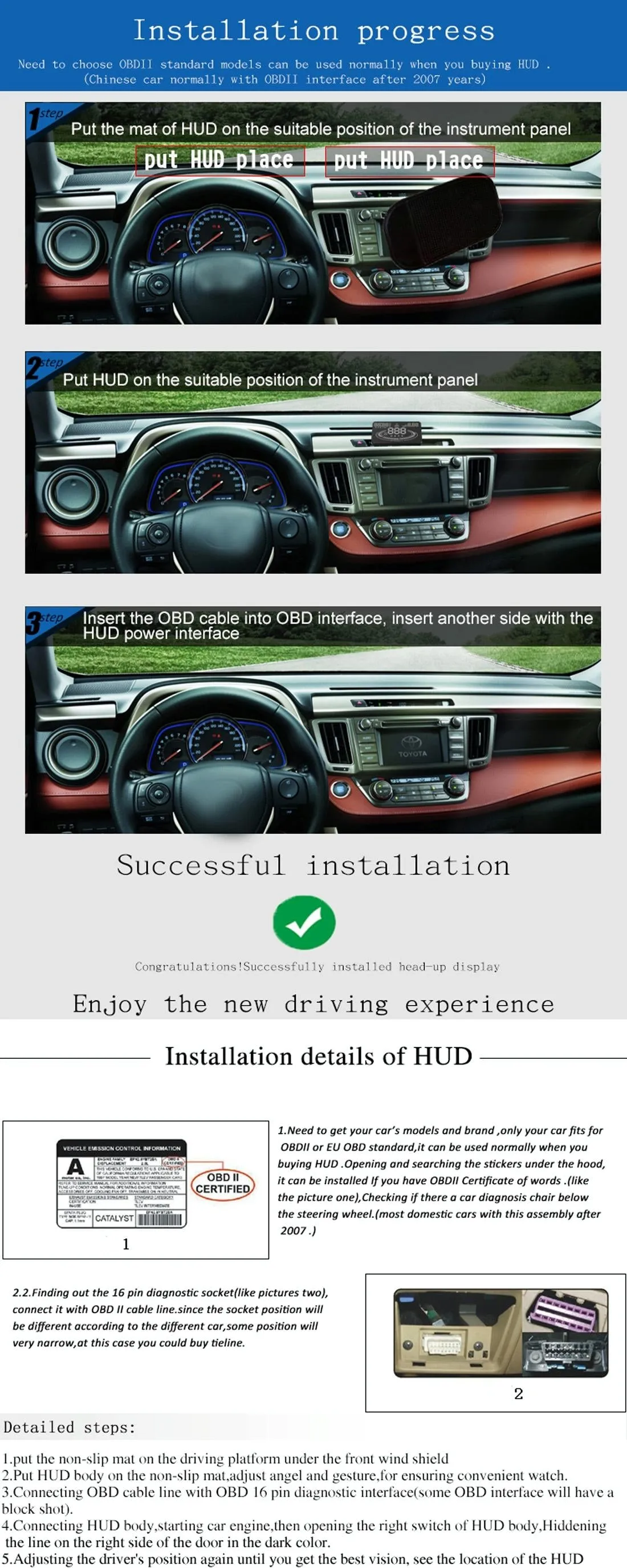 5.5 Inch Car Obdii / Euobd Hud Display Speed Fuel Alarm Black
