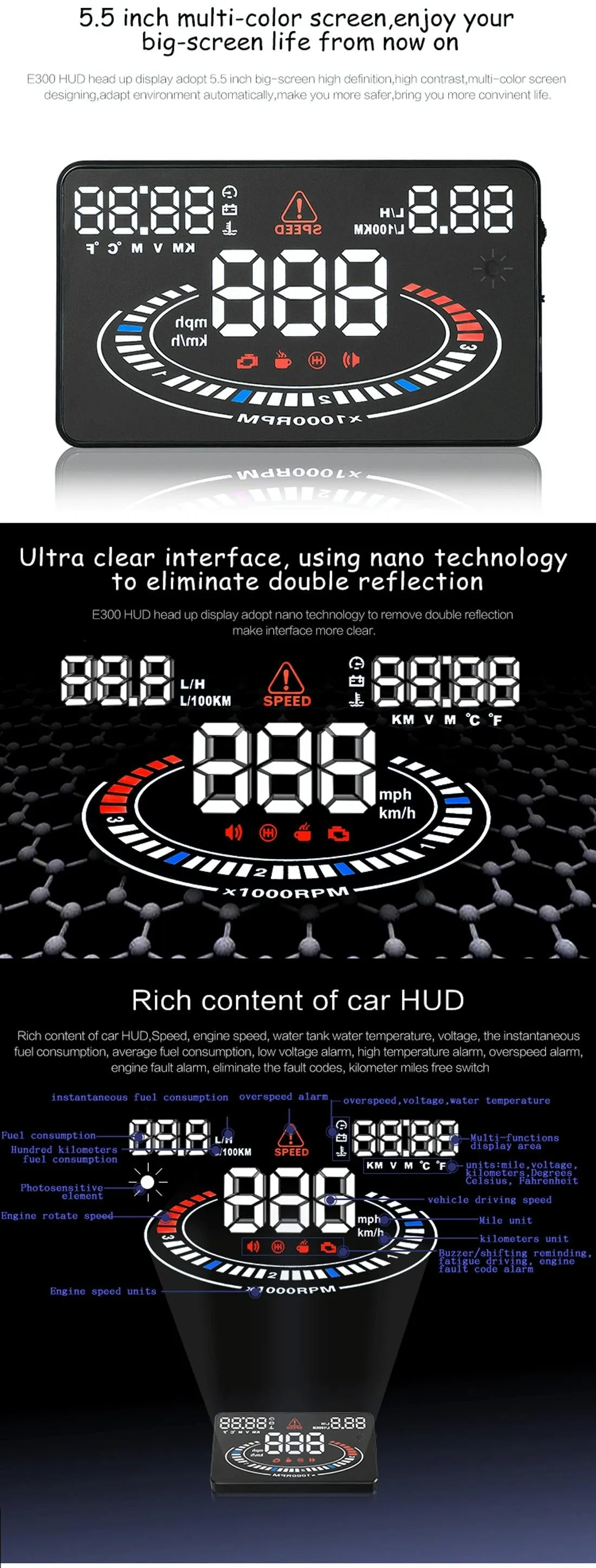 5.5 Inch Car Obdii / Euobd Hud Display Speed Fuel Alarm Black