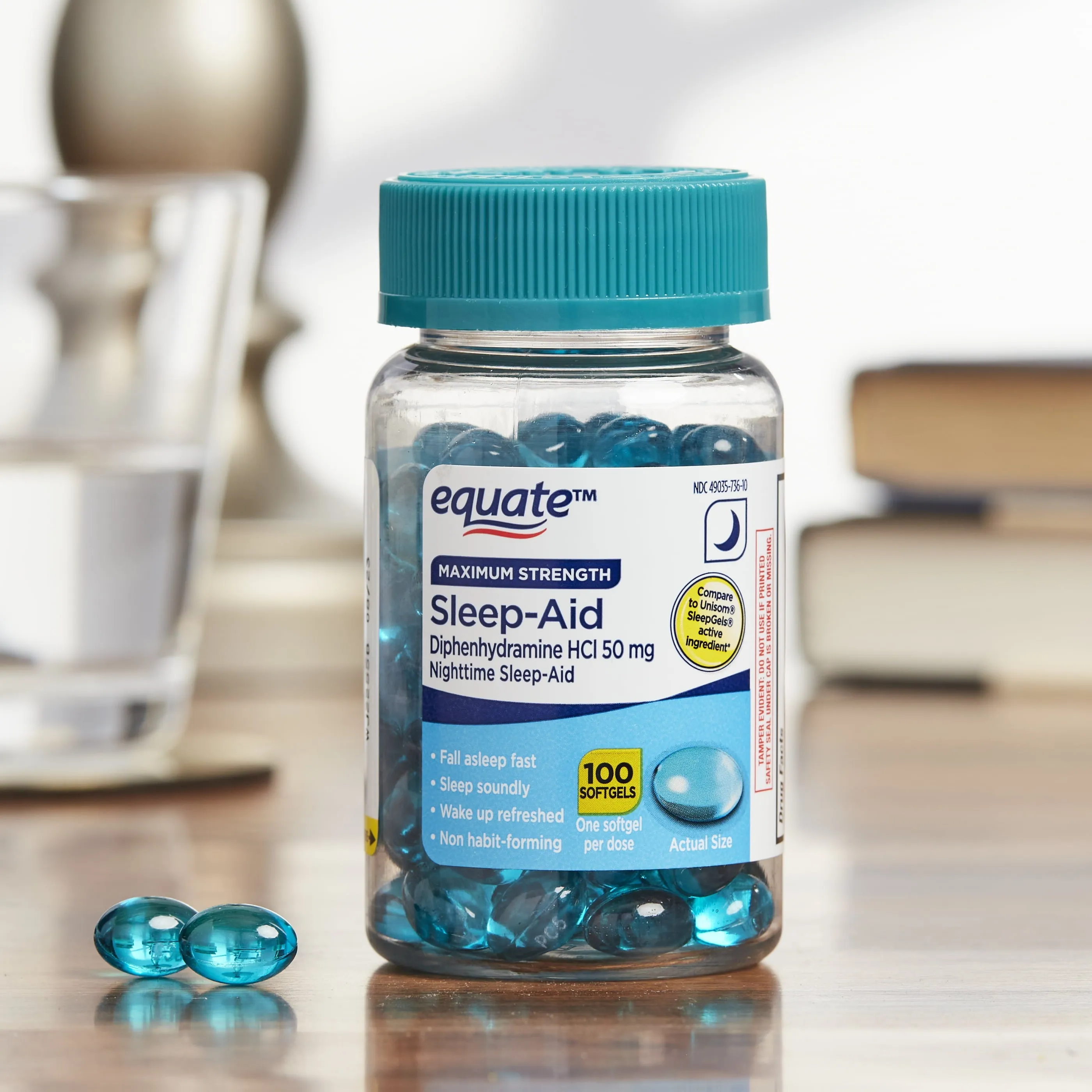 Equate Maximum Strength Diphenhydramine HCl Sleep Support Softgels, 50 mg, 100 Count