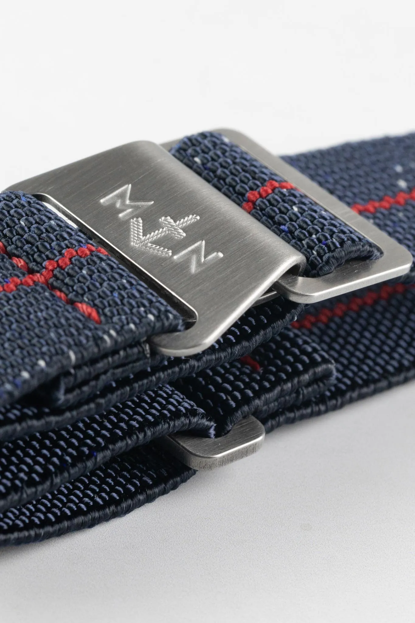 Erika's Originals INDIGO DENIM MN™ Strap with RED Centerline - BRUSHED Hardware