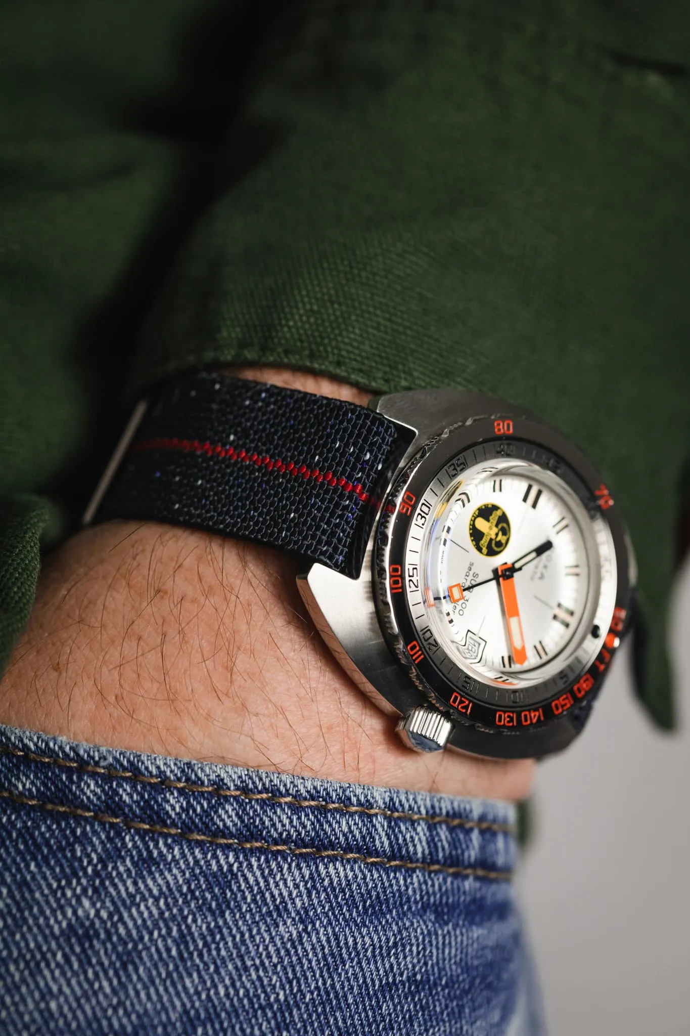 Erika's Originals INDIGO DENIM MN™ Strap with RED Centerline - BRUSHED Hardware