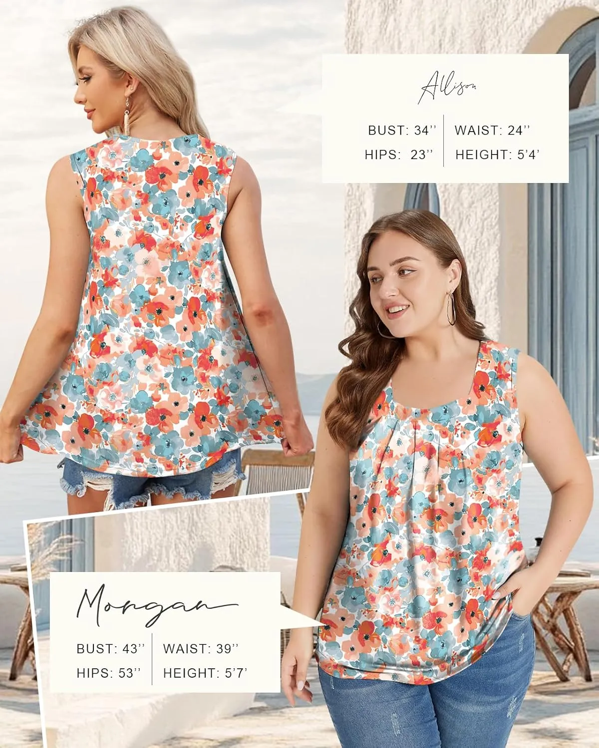 Flafens Summer Tank Top for Women - Cute Pleated Babydoll Scoop Neck Smocked Graphic Sleeveless T Shirt for Beach Vacation